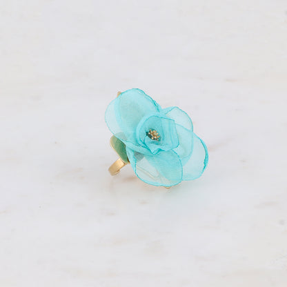 Bague avec fleur et tissu - Turquoise