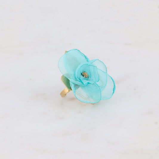 Bague avec fleur et tissu - Turquoise