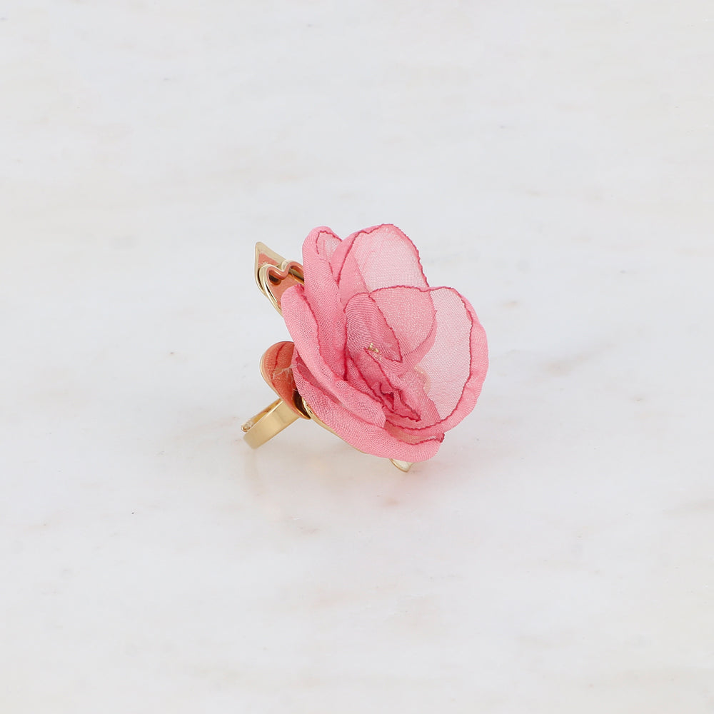 Bague avec fleur et tissu - Rose foncé