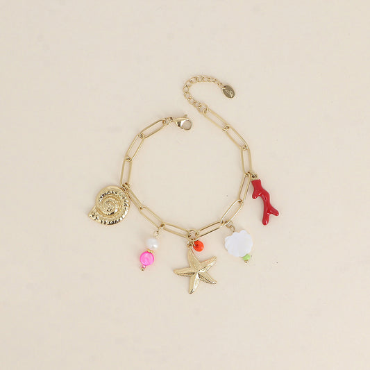 Bracelet - étoile de mer, coquillage escargot, branche de corail émaillée, coquillage effet nacré et perles 17+3 cm