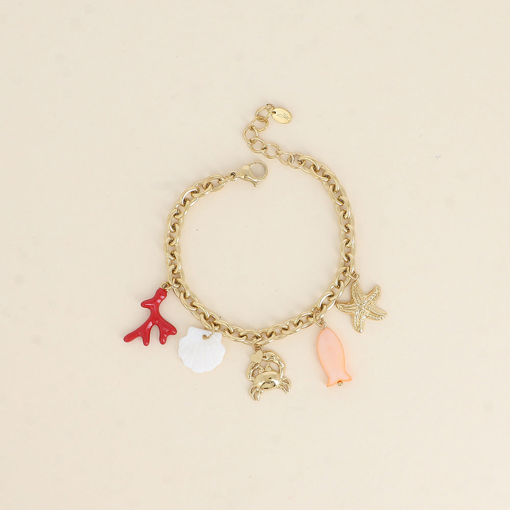 Bracelet - étoile de mer, crabe, branche de corail émaillée, coquillage effet nacré et poisson 17+3 cm