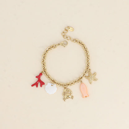 Bracelet - étoile de mer, crabe, branche de corail émaillée, coquillage effet nacré et poisson 17+3 cm