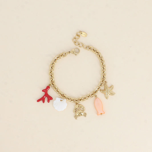 Bracelet - étoile de mer, crabe, branche de corail émaillée, coquillage effet nacré et poisson 17+3 cm