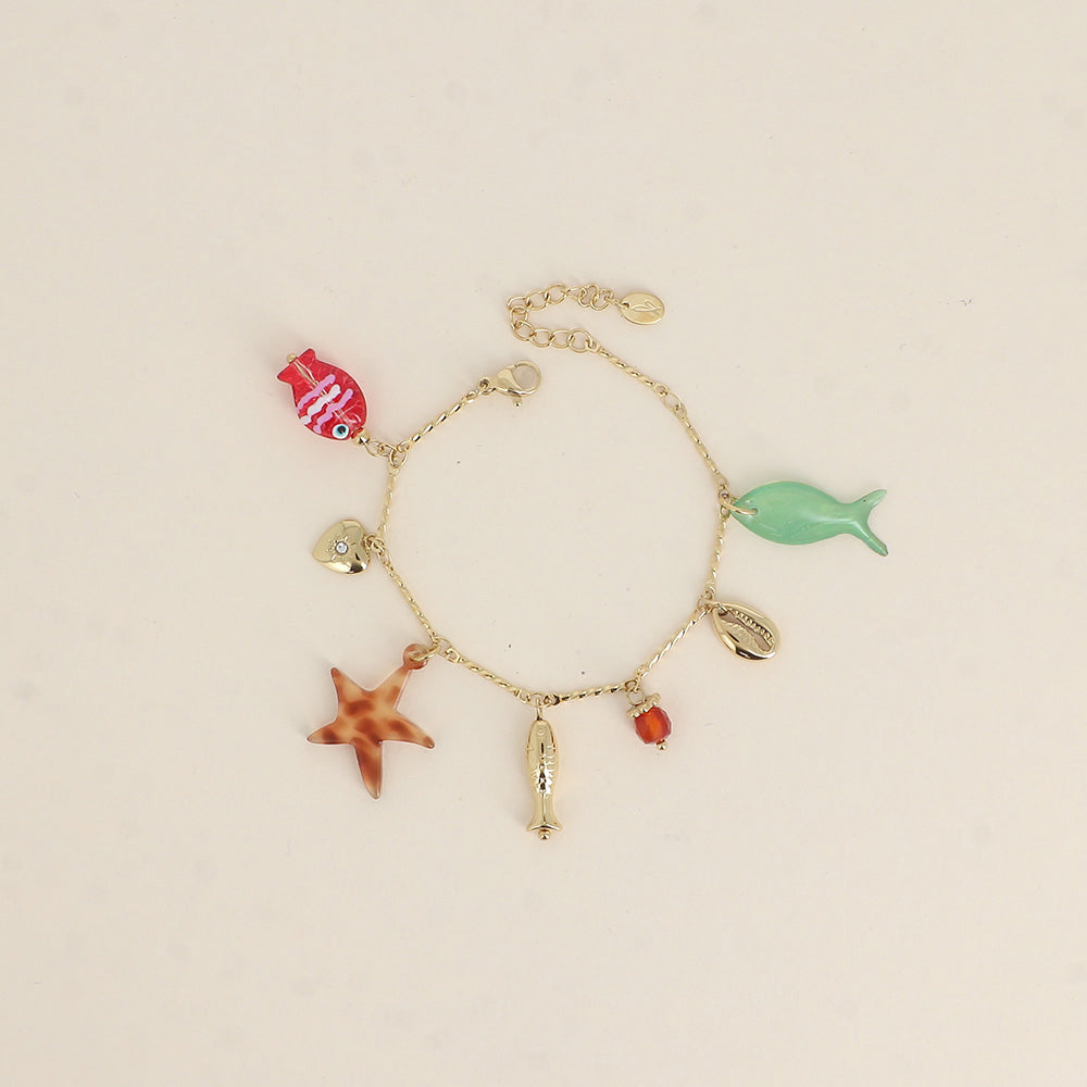 Bracelet - poissons nacré et en résine, cauri, cœur, perle 16+3 cm