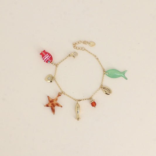 Bracelet - poissons nacré et en résine, cauri, cœur, perle 16+3 cm