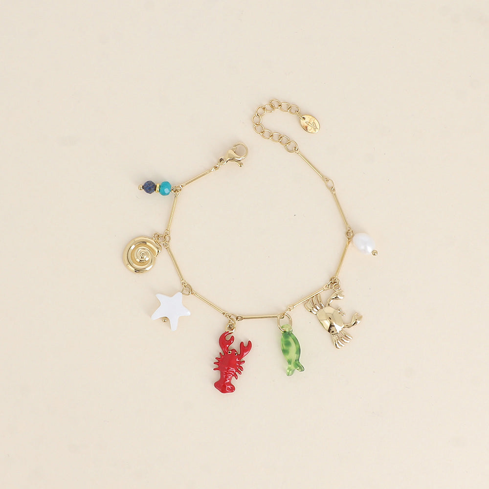 Bracelet - crabe, homard en émail, étoile de mer nacrée, coquillage escargot, poisson en résine, perle d'eau douce et pierres naturelles 17+3 cm