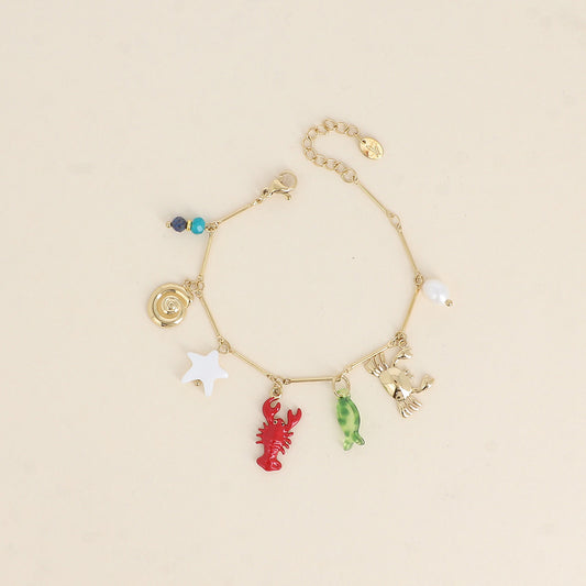 Bracelet - crabe, homard en émail, étoile de mer nacrée, coquillage escargot, poisson en résine, perle d'eau douce et pierres naturelles 17+3 cm