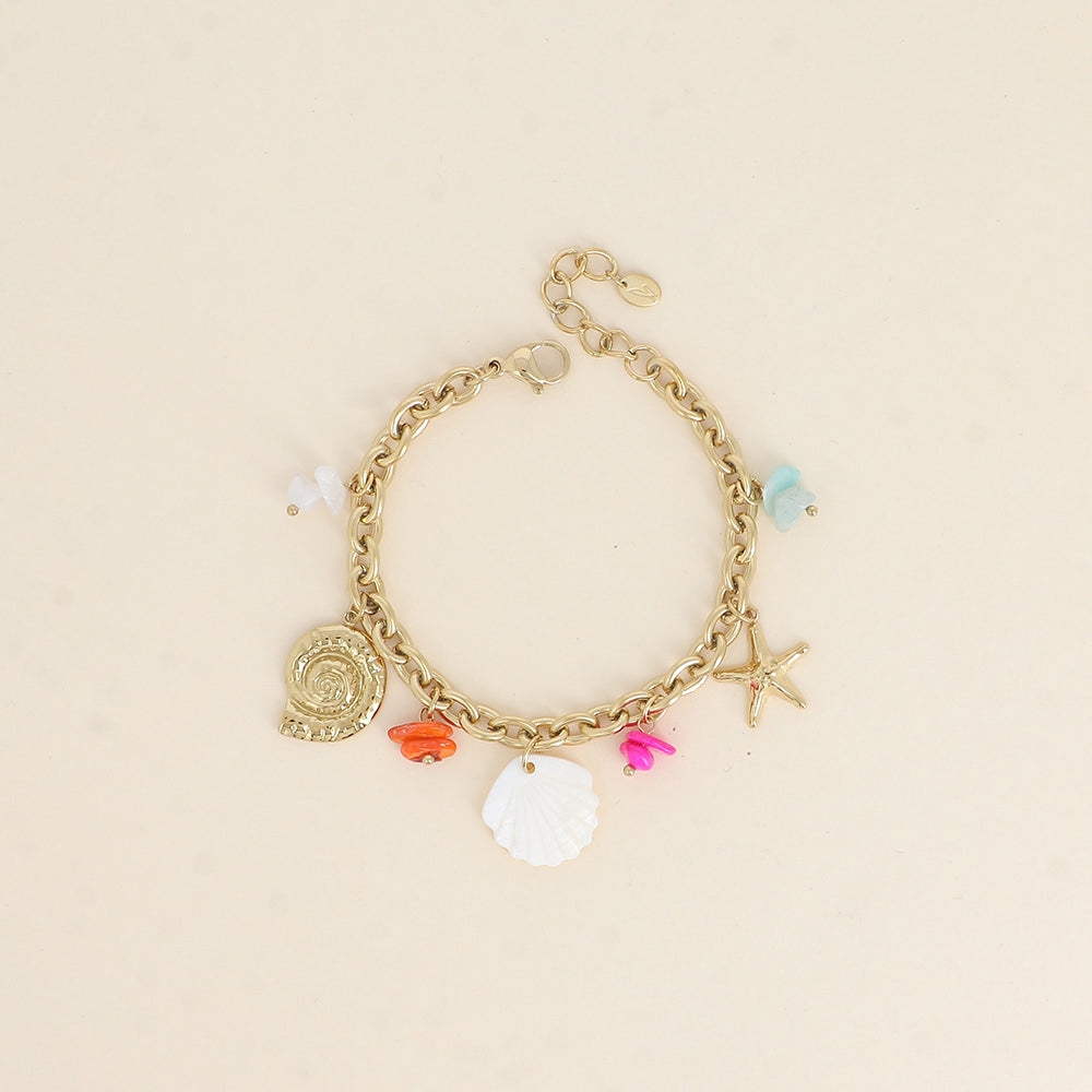 Bracelet - coquillage escargot, étoile de mer, pierres naturelles et coquillage nacré 16+3 cm