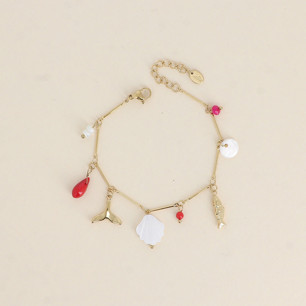 Bracelet - perles, poisson, queue de poisson et pastille nacrée 16+3 cm
