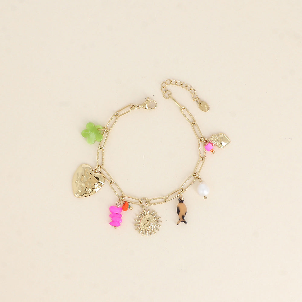 Bracelet - cœur martelé, soleil, fleur et poisson en résine, pierres naturelles 17+3 cm