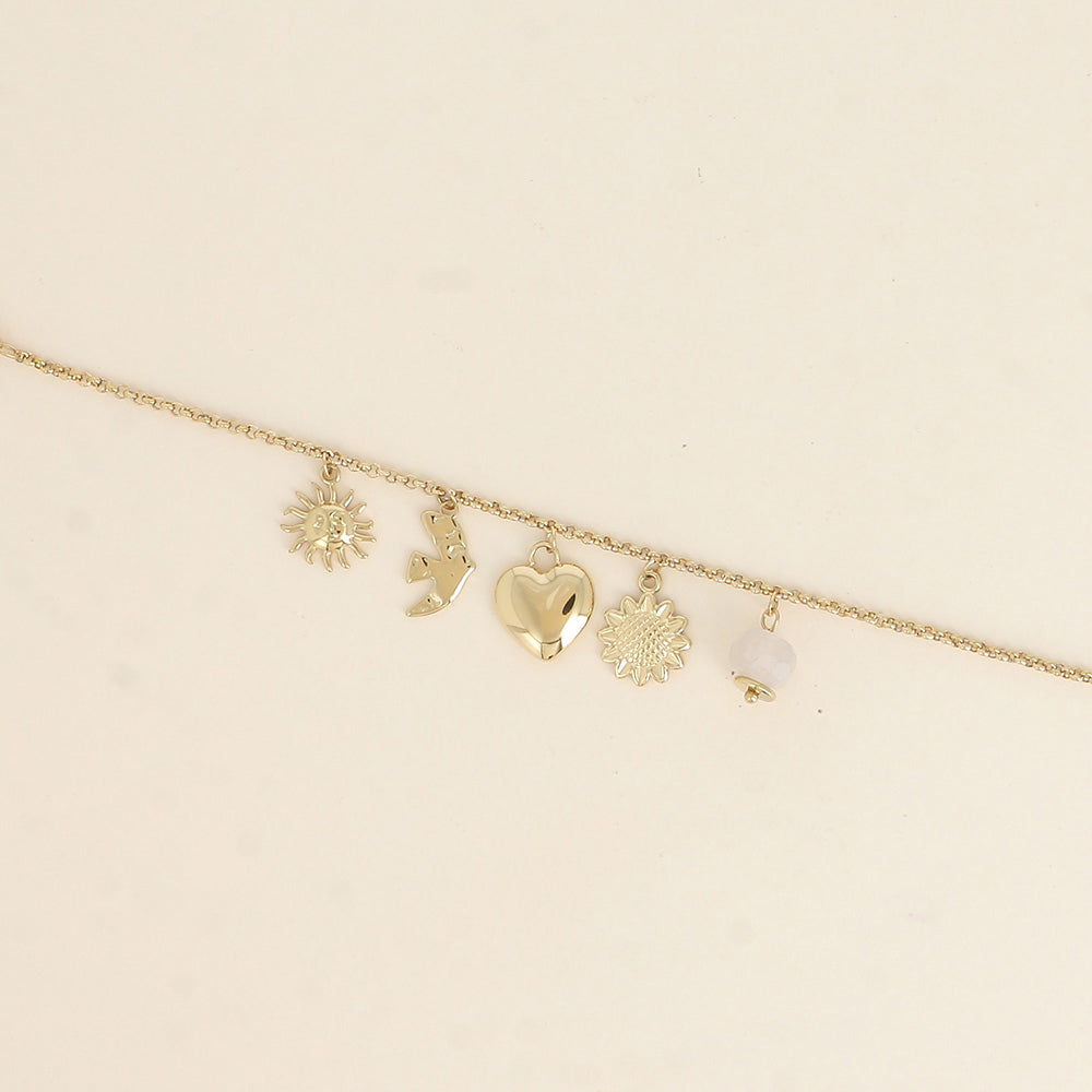 Bracelet - soleil, oiseau, cœur, fleur, perle 16+3 cm
