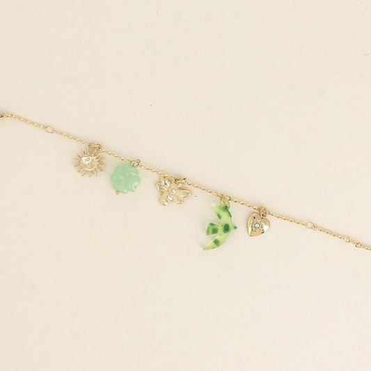Bracelet - soleil, oiseau et trèfle en résine, abeille et cœur avec oxyde de zirconium 16+3 cm