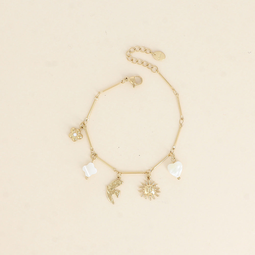 Bracelet - soleil, oiseau, trèfle et cœur nacrés, fleur 16+3 cm