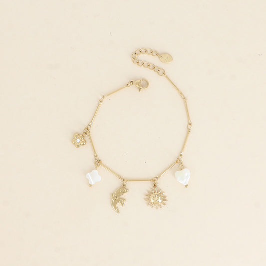 Bracelet - soleil, oiseau, trèfle et cœur nacrés, fleur 16+3 cm