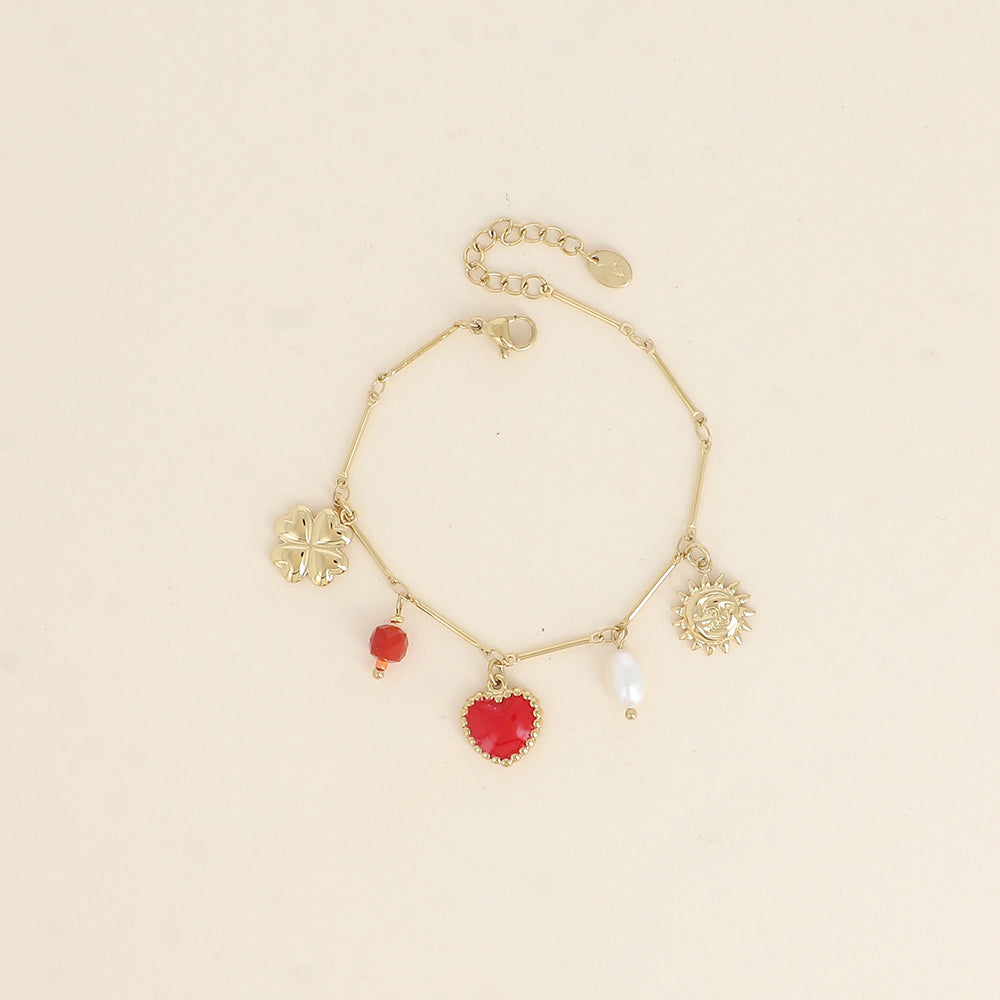 Bracelet - éclipse, cœur en émail, trèfle, perles et perle d'eau douce 16+3 cm