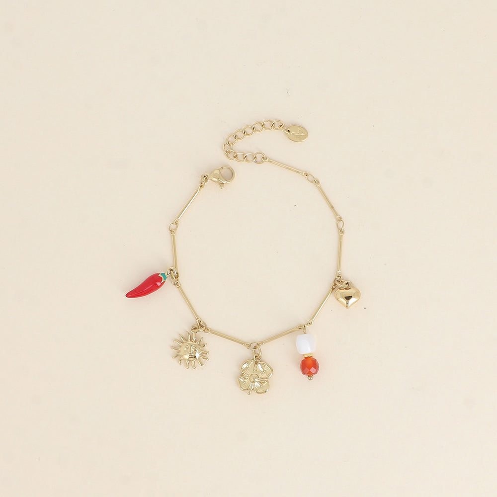 Bracelet - soleil, piment en émail, trèfle, perles et cœur 16+3 cm