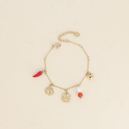 Bracelet - soleil, piment en émail, trèfle, perles et cœur 16+3 cm