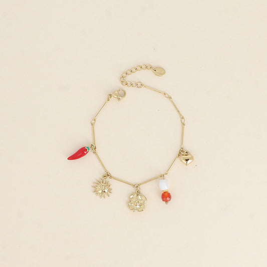 Bracelet - soleil, piment en émail, trèfle, perles et cœur 16+3 cm