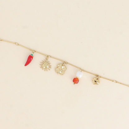 Bracelet - soleil, piment en émail, trèfle, perles et cœur 16+3 cm