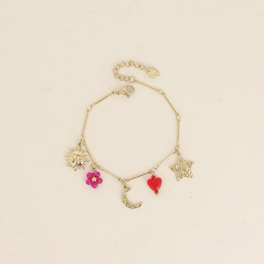 Bracelet - soleil, lune, étoile, cœur et fleur 16+3 cm