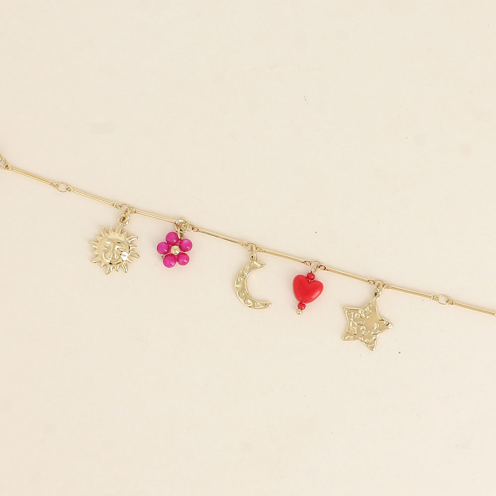 Bracelet - soleil, lune, étoile, cœur et fleur 16+3 cm