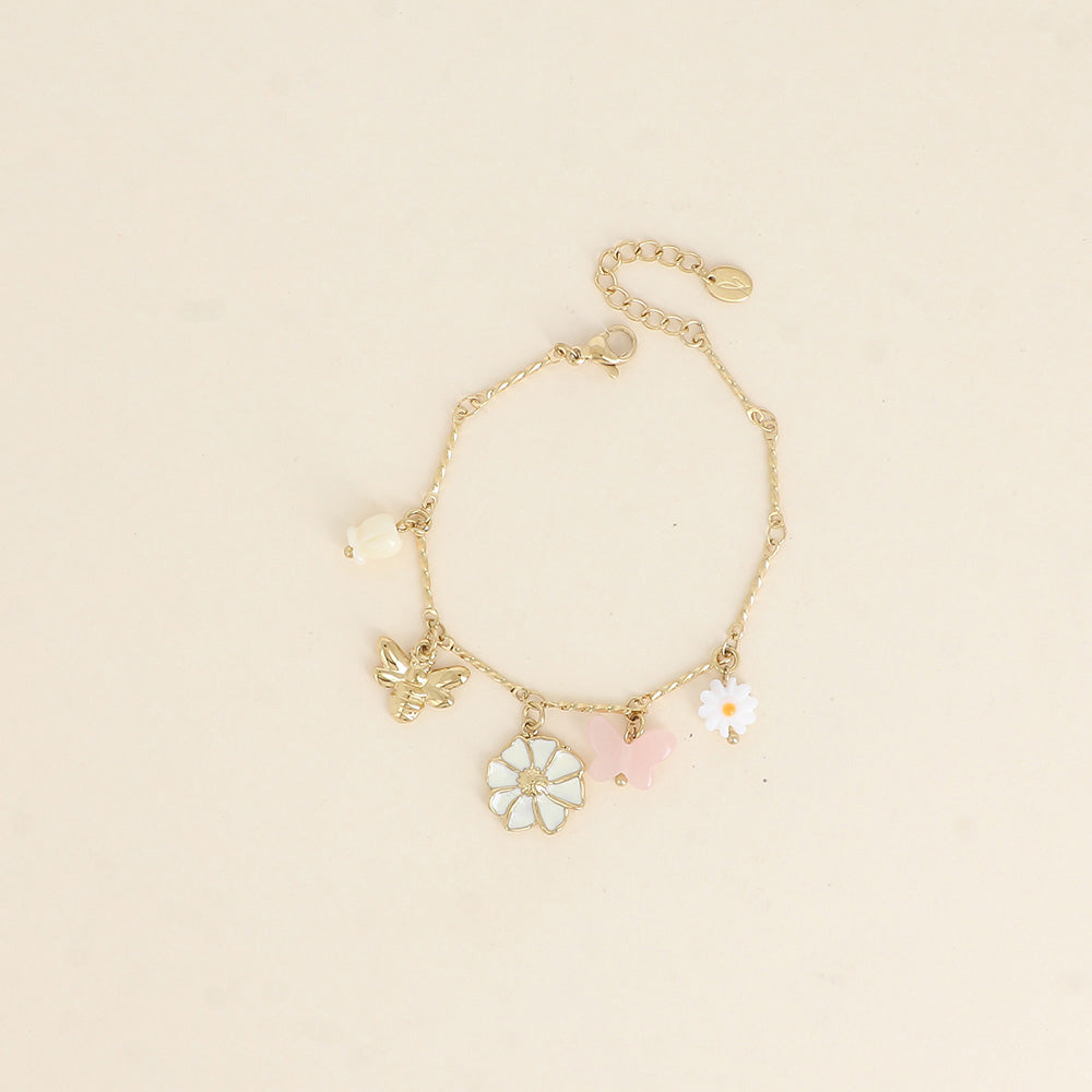 Bracelet - fleur nacrée, fleurs, papillons 16+3 cm