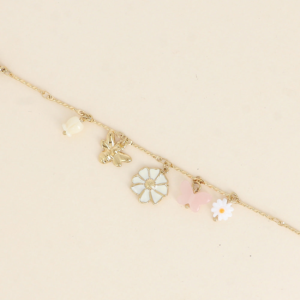 Bracelet - fleur nacrée, fleurs, papillons 16+3 cm