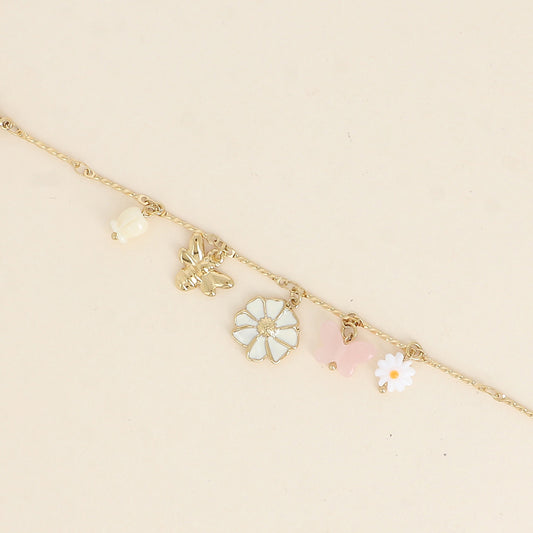 Bracelet - fleur nacrée, fleurs, papillons 16+3 cm