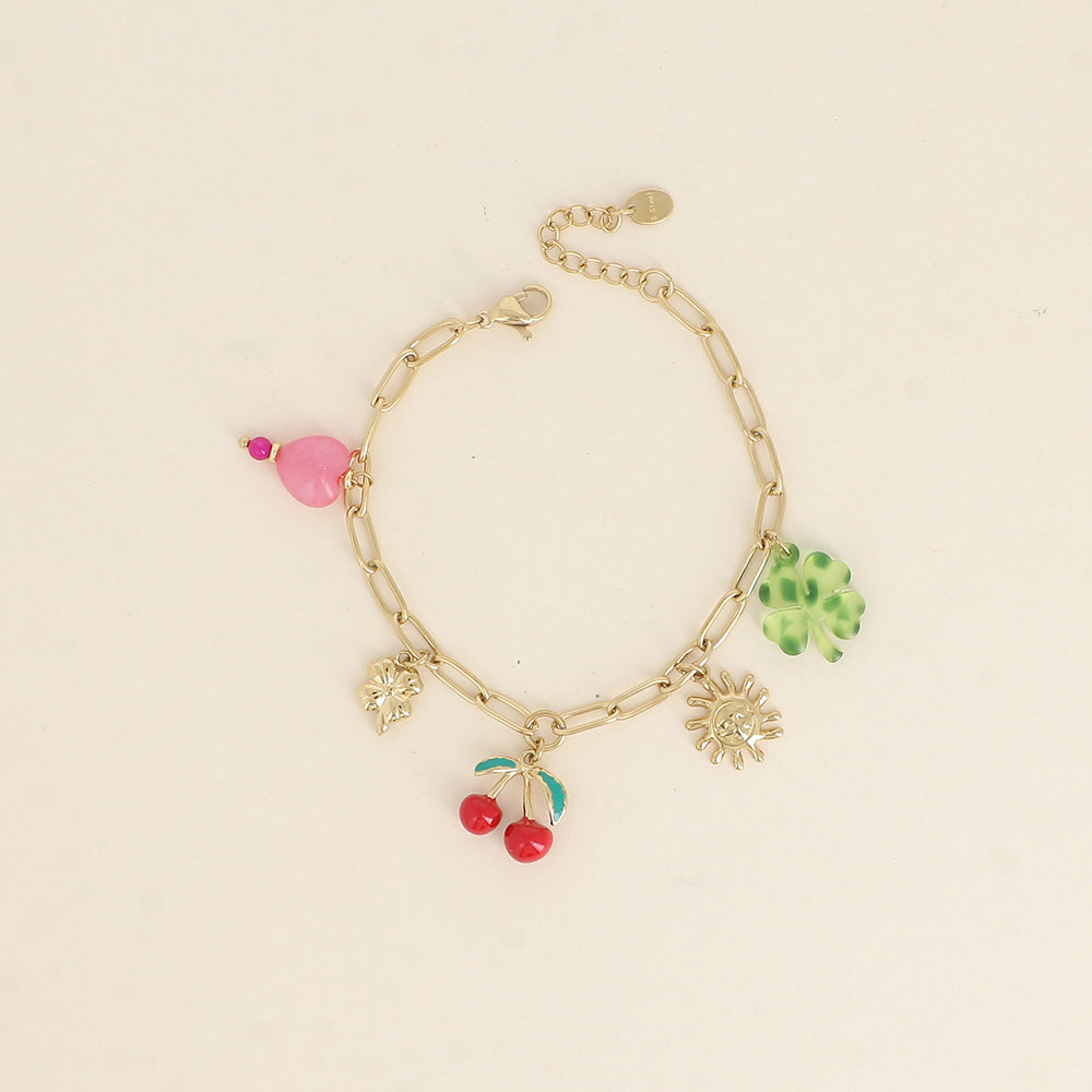 Bracelet Azura - trèfles, soleil, cerise en émail, perle cœur - 16+3 cm