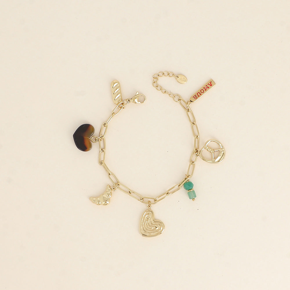 Bracelet - cœurs, plaquette AMOUR en émail, croissant, bretzel et perles (17+3 cm)
