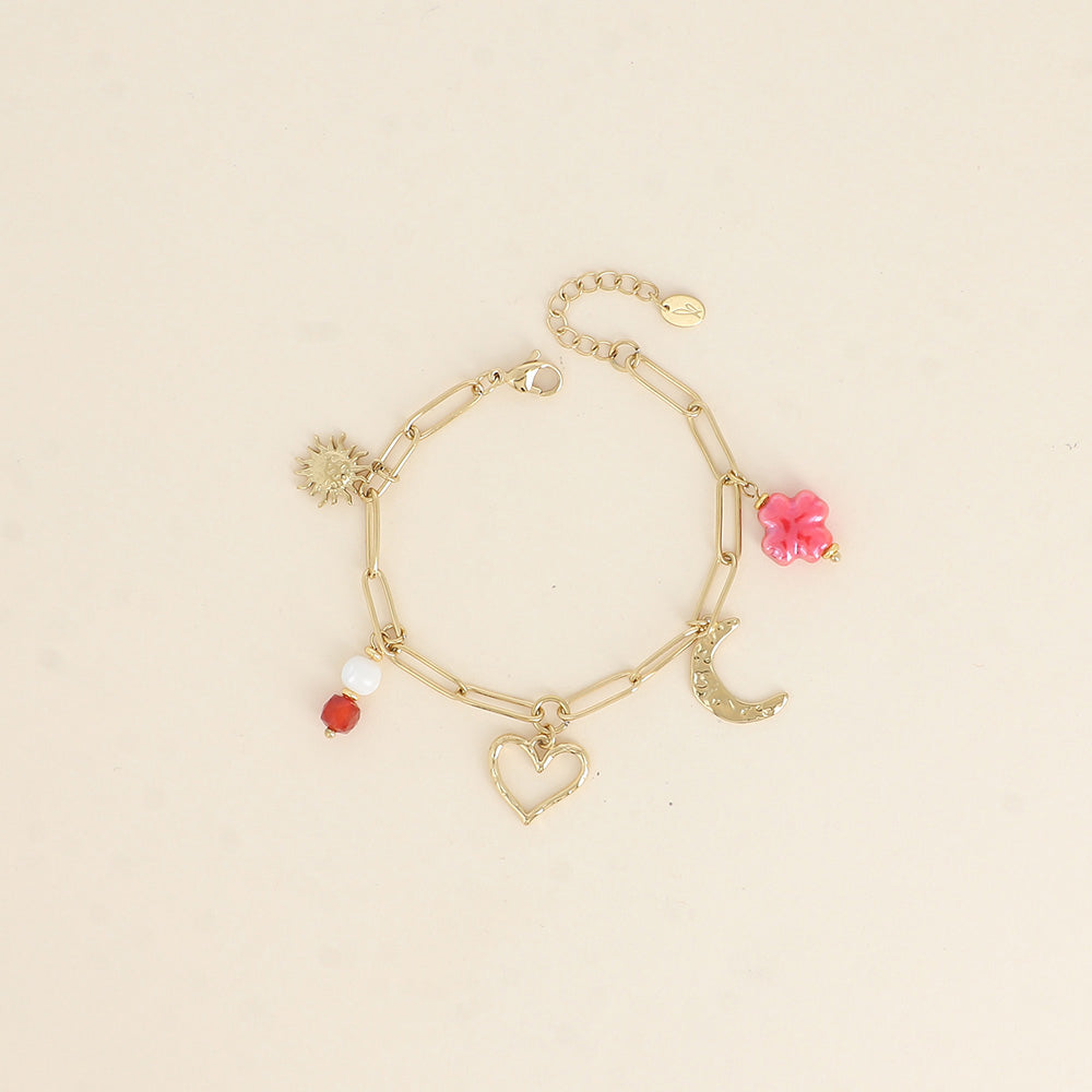 Bracelet - soleil, cœur, lune, perles et trèfle (17+3 cm)