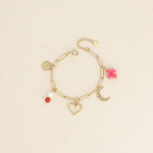 Bracelet - soleil, cœur, lune, perles et trèfle (17+3 cm)