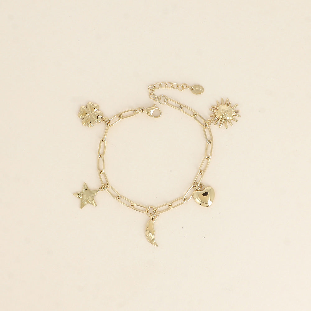 Bracelet - soleil, cœur, lune, étoile et trèfle (17+3 cm)