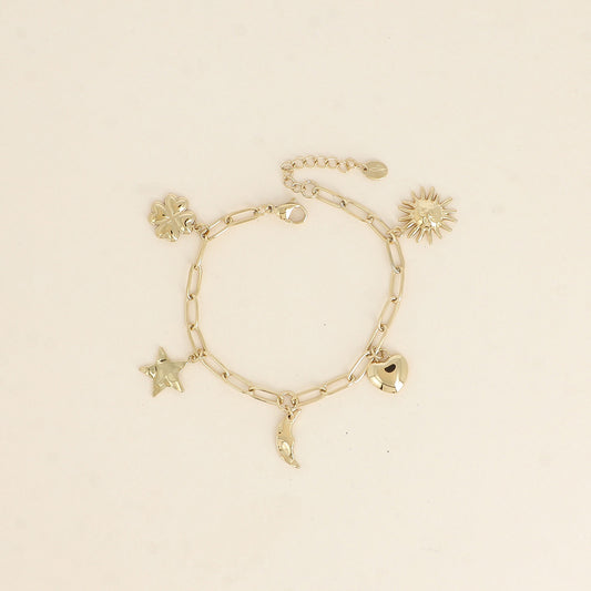 Bracelet - soleil, cœur, lune, étoile et trèfle (17+3 cm)