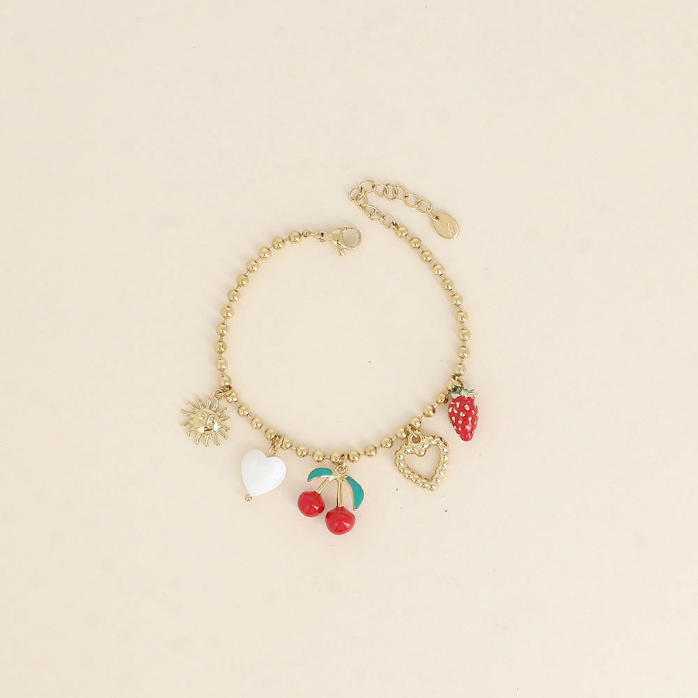 Bracelet - soleil, cœurs, cerise et fraise en émail (16+3 cm)