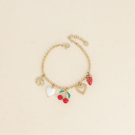 Bracelet - soleil, cœurs, cerise et fraise en émail (16+3 cm)