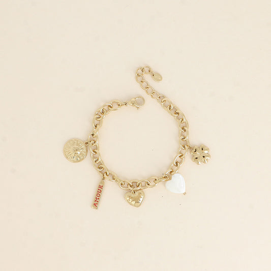 Bracelet - soleil, plaquette AMOUR en émail, cœurs, trèfle (17+3 cm)