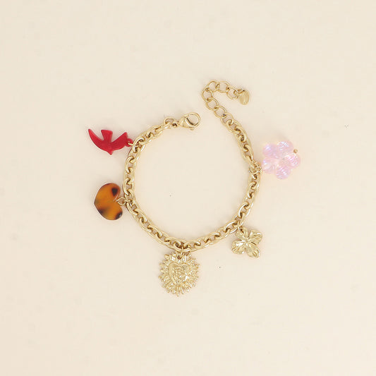 Bracelet - oiseau et cœur en résine, cœur martelé, trèfle, perle fleur (17+3 cm)