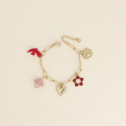Bracelet - oiseau et trèfle en résine, cœur, fleur en émail, soleil (17+3 cm)