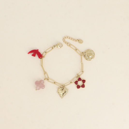 Bracelet - oiseau et trèfle en résine, cœur, fleur en émail, soleil (17+3 cm)