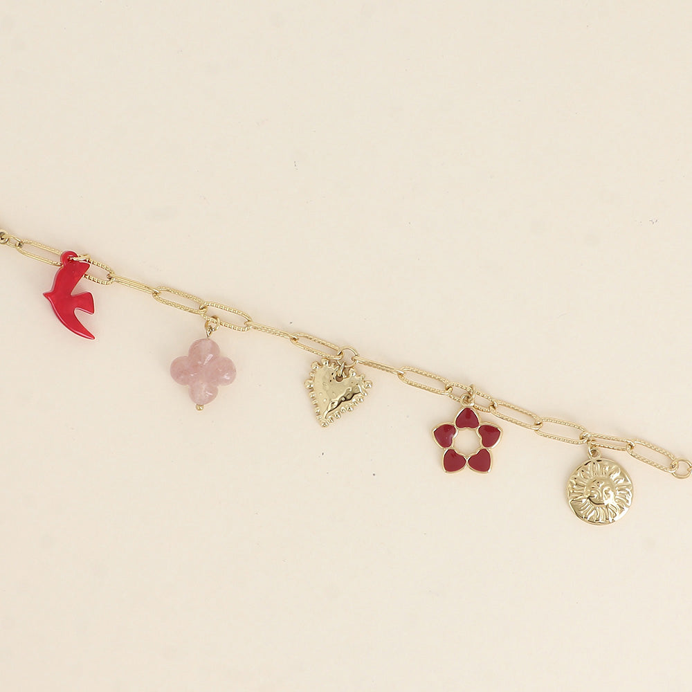 Bracelet - oiseau et trèfle en résine, cœur, fleur en émail, soleil (17+3 cm)