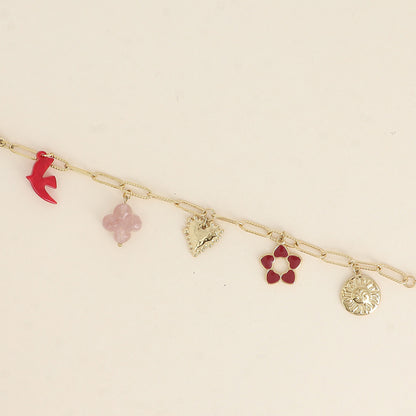 Bracelet - oiseau et trèfle en résine, cœur, fleur en émail, soleil (17+3 cm)