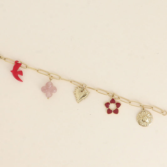 Bracelet - oiseau et trèfle en résine, cœur, fleur en émail, soleil (17+3 cm)