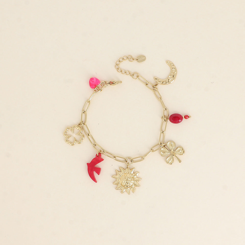 Bracelet - trèfles, soleil, lune, oiseau, perles (17+3 cm)