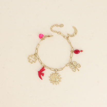 Bracelet - trèfles, soleil, lune, oiseau, perles (17+3 cm)
