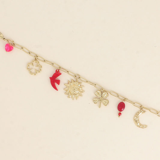 Bracelet - trèfles, soleil, lune, oiseau, perles (17+3 cm)