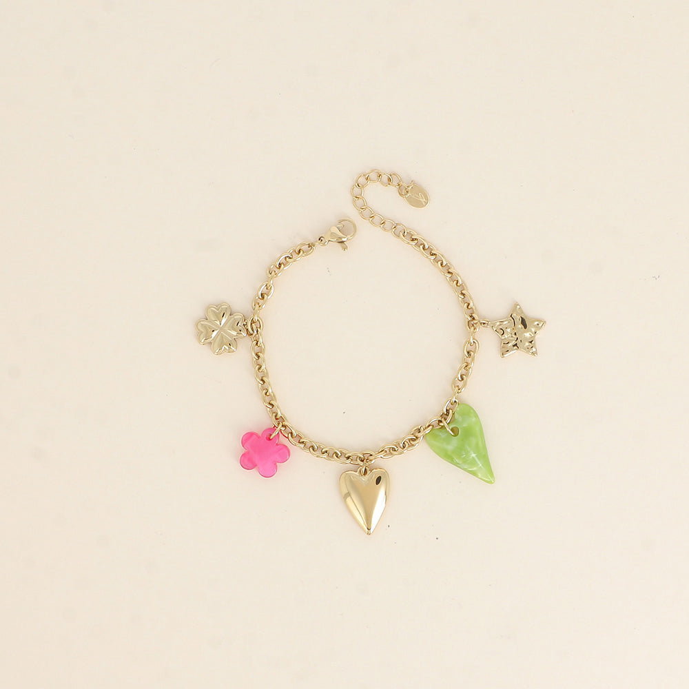 Bracelet - étoile martelée, cœurs, perle fleur et trèfle (17+3 cm)