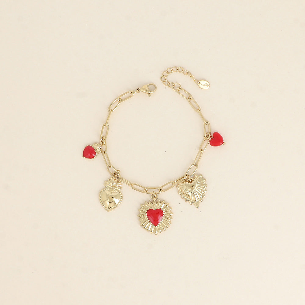 Bracelet - pendentifs cœurs, émail et perles rouges (17+3 cm)