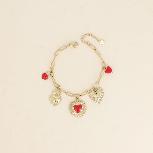 Bracelet - pendentifs cœurs, émail et perles rouges (17+3 cm)