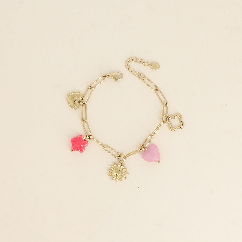 Bracelet - cœurs, perle fleur, soleil, trèfle (17+3 cm)